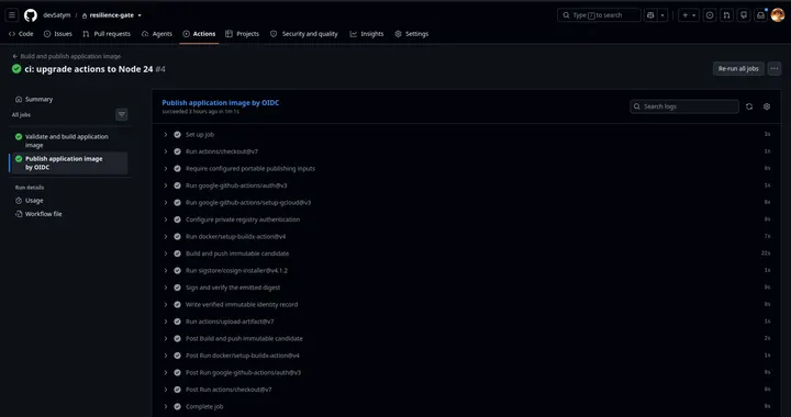 Capture 03: Successful OIDC authentication, immutable build/push, Cosign sign/verify, identity record, and artifact upload