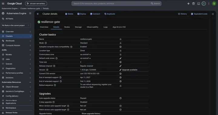 Capture 04: Healthy resilience-gate Standard zonal cluster in us-central1-a, two nodes, version 1.35.8-gke.1225000