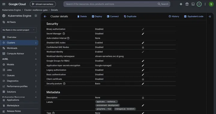 Capture 04b: GKE Workload Identity enabled with namespace shivam-serverless.svc.id.goog