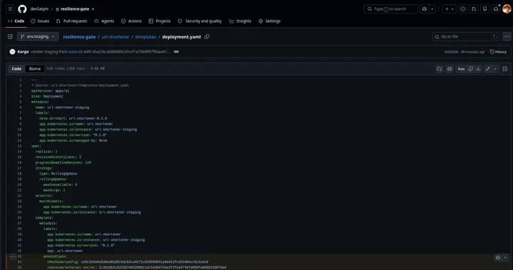 Capture 14b: Repository, branch env/staging, generated Deployment identity, Kargo render commit message, and short revision 64d2dde are visible; paired with Screenshot 14 for checksums and full immutable digest