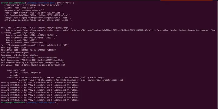Capture 15: Exact cluster, namespace, Job, Pod, AnalysisRun, UTC window, /scripts/loadgen.js, three max VUs, one iteration/s, ten-minute bound, and initial progress
